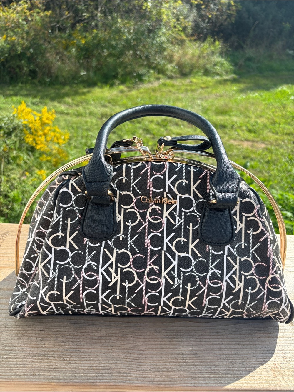 Calvin Klein Black Monogram Satchel with Gold Trim Purse